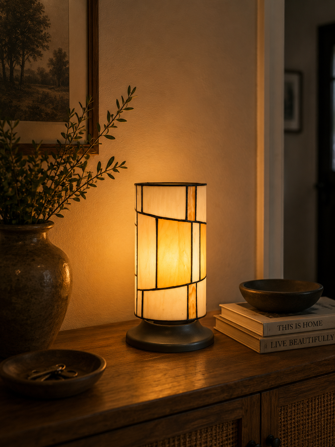 Tiffany Tischlampe Roundabout – geometrisches Design – Ø 12,5 cm – Bild 2