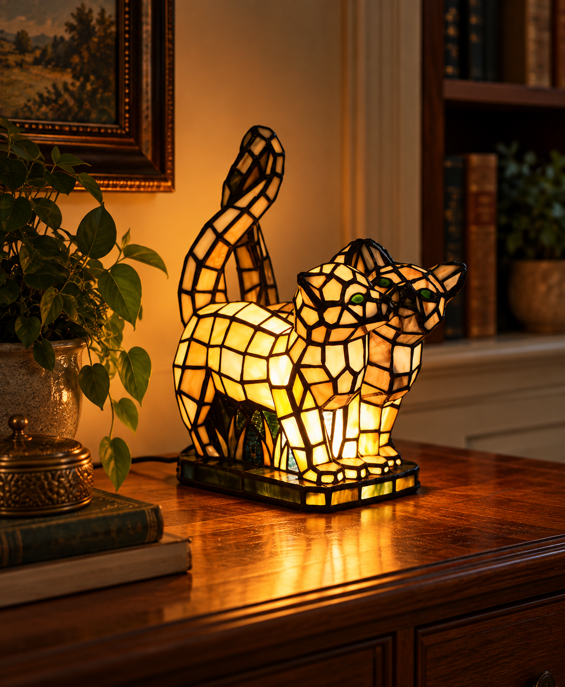 Tiffany Tierlampe Cats – Katzenlampe aus handgefertigtem Bleiglas – Bild 2
