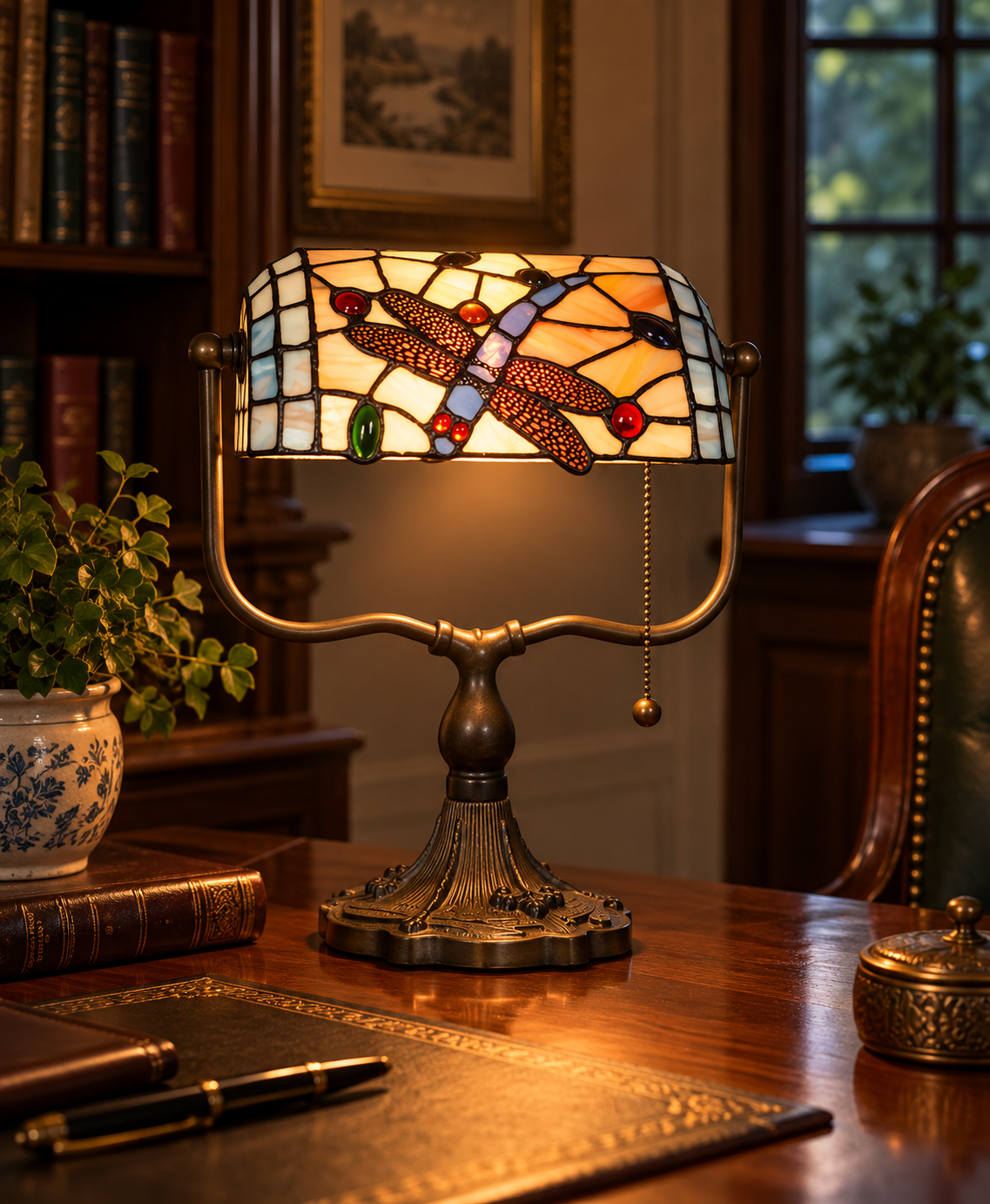 Tiffany Banker Schreibtischlampe Dragonfly – klassische Bankerlampe mit Libelle – Bild 2