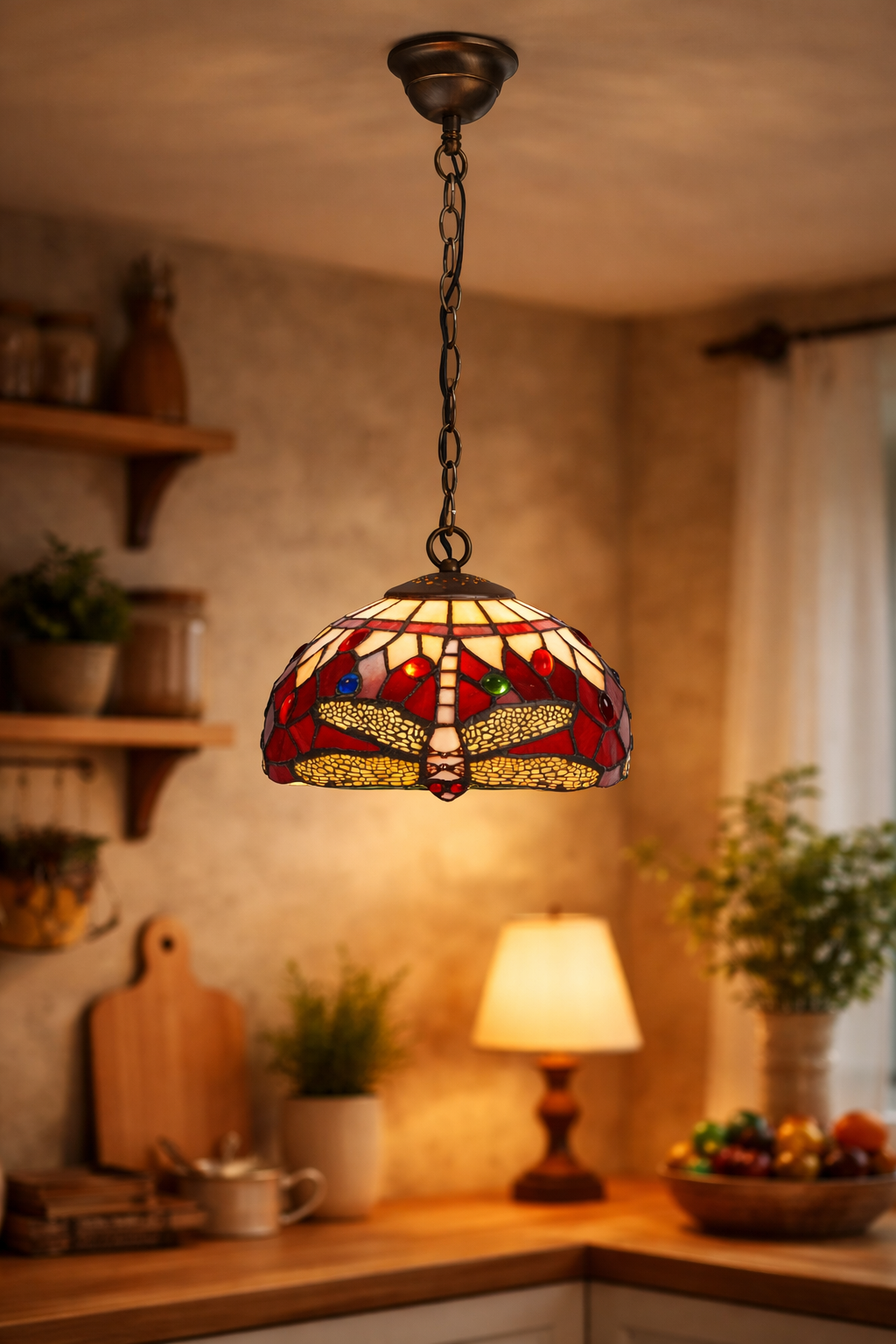 Tiffany Hängelampe Dragonfly Belle Rouge 20 cm – Libelle Rot – Bild 2