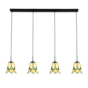 Tiffany Hängelampe Lovely Flower Yellow – 4-flammige Balkenleuchte – gelb/grüne Tulpenform